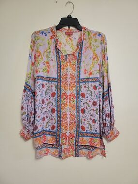Rubyyaya Boho Floral Patchwork Shirt With Rhinestones Size Small